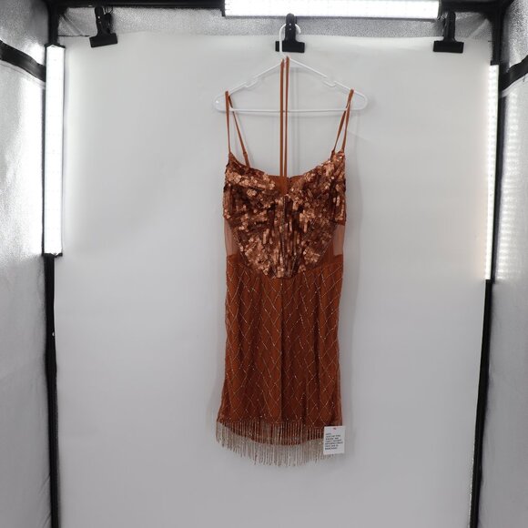 NWT ASOS Bronze Sequin Embellished Butterfly Mesh Fringe Beaded Mini Dress - Picture 2 of 12